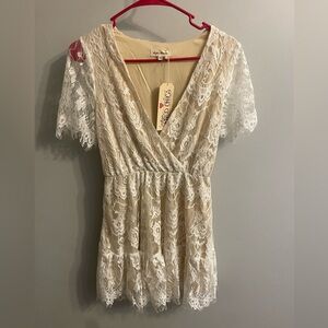 Lace Wrap Mini Dress - Cream